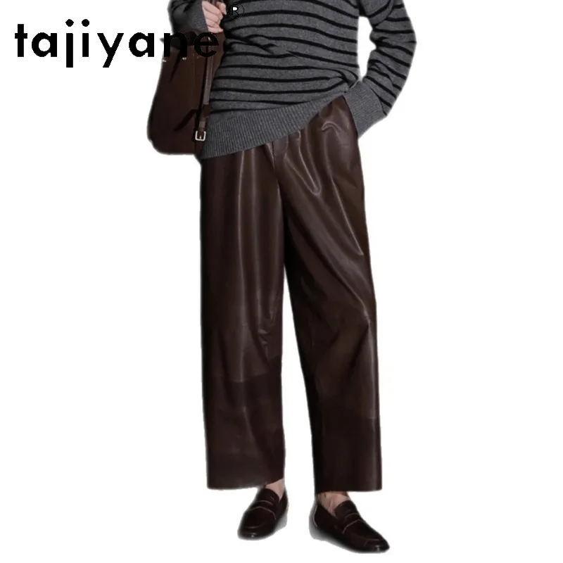 AJIYANE Genuine Leather Pants Full Vegetable Tanned Sheepskin Cropped Pants of Women Wide Leg Pants Leather Pantalones Loose 슬랙스