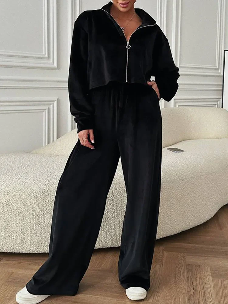 Wijde Pijpen Broek Loungewear Twee Stukken Bijpassende Sets Vrouwen Herfst Winter Kraag Rits Top Mode Dames Outfit Streetwear