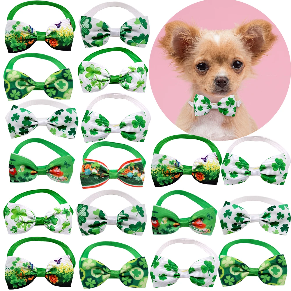 60Pcs ST Patrick's day Pet Supplies Dog Bowtie Pet Dog Cat Bow Tie Neckties White Green Dog Bows Pet Bowties Dogs Supplies