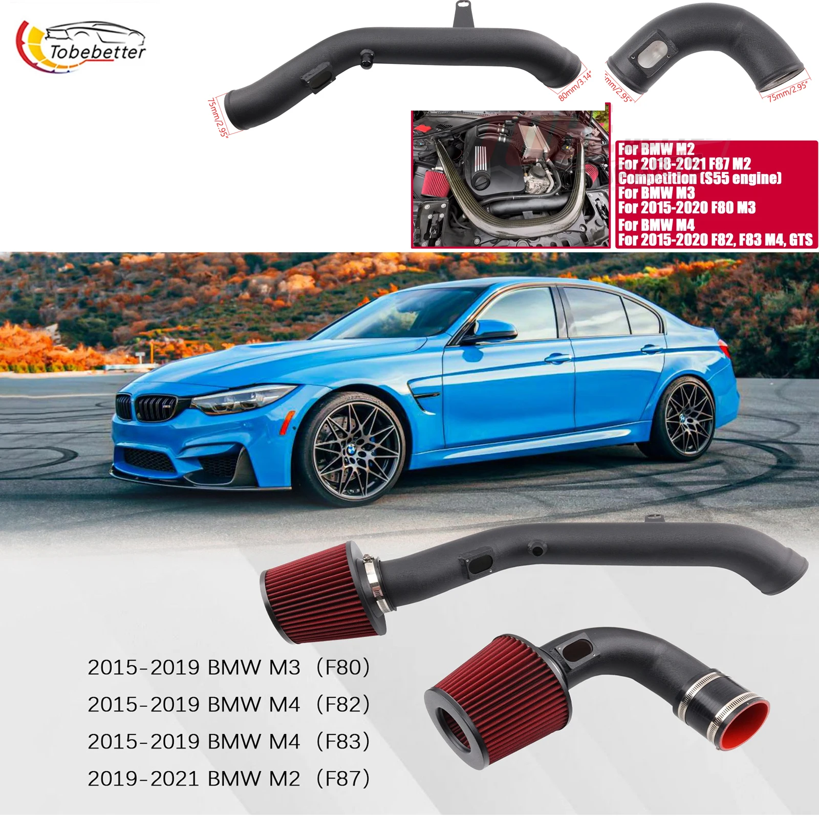 upgrade S55 powered engine cool air intake kit filter For 15-20 BMW M3 F80 M4 F82/F83 M2 Competition / M2 CS F87 3.0L Turbo