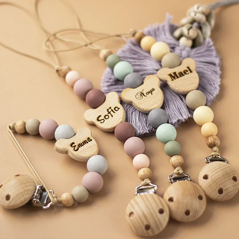 Custom Name Wooden Personalized Baby Pacifier Chain Silicone Bead Dummy Nipple Holder Guard Teether Pendant Newborn Gift Stuff