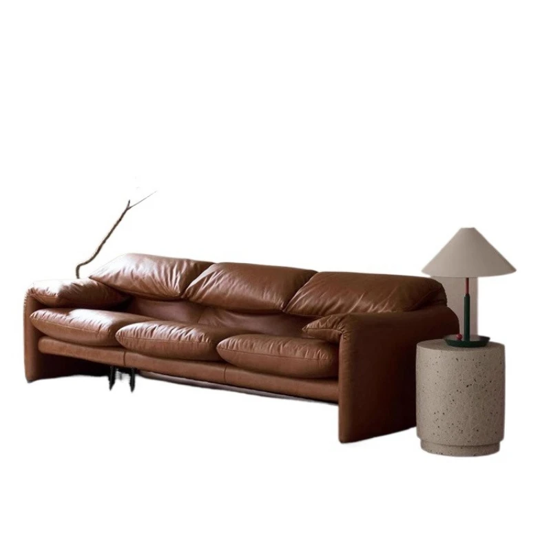 

Sofa leather first layer cowhide oil wax leather Italian retro style living room small apartment straight row medieval style