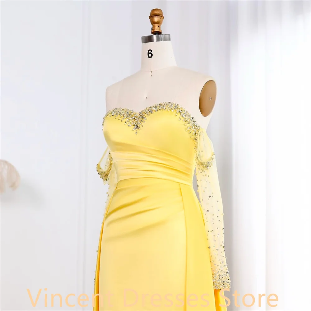Customized Formal yellow Satin Homecoming Dress Classic Sweetheart Crystal Panel Train Ruched Mermaid Zipper Back Robe de soirée