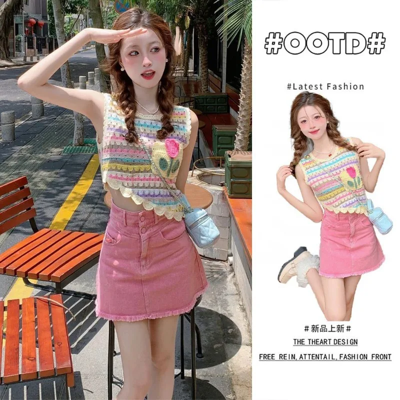 

Summer Colourful Stripes Irregular Sleeveless Top Pink Denim Mini Skirts Sweet Style Women's Clothing Fashion Design 2-piece Set