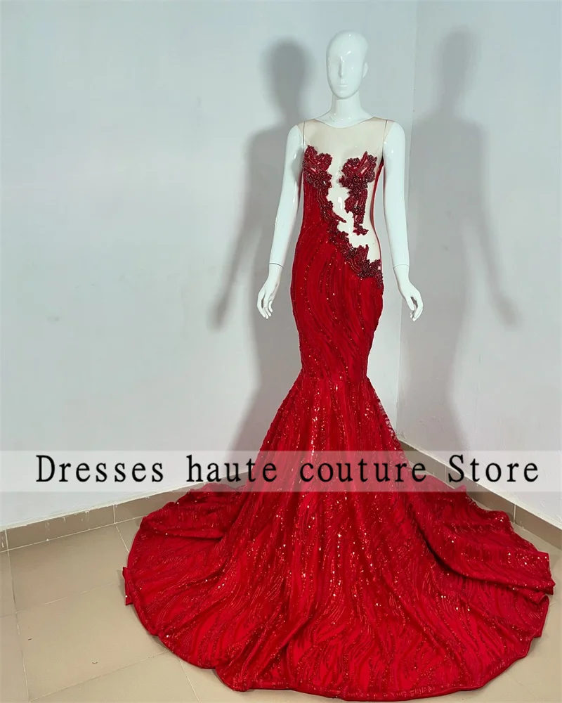 Sexy Red Sequins Lace Prom Dress For Black Girls 2025 Beaded Crystal Birthday Party Gown Illusion Evening Dress Customized