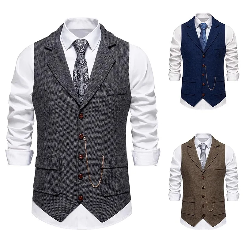 

Engli Sle Men's Slim Fit Tweed Suit Vest Retro Chain Linking Faionable Urban Youth Casual Stand Size Four Seasons