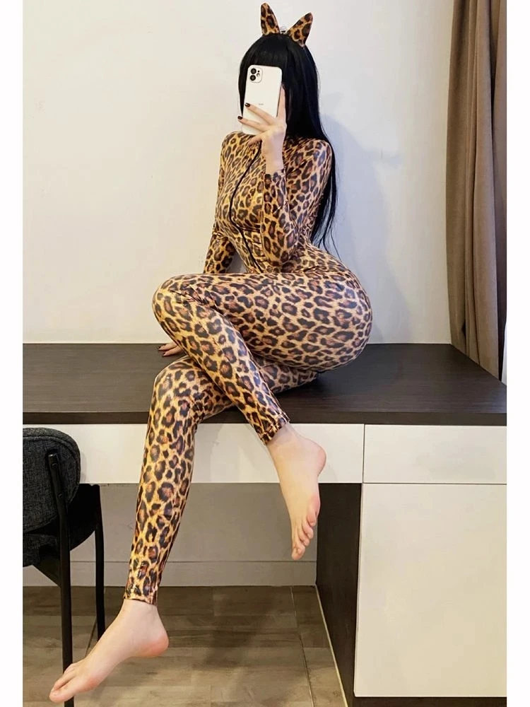 Glänzende Leoparden-Overalls, PU-Leder-Trikot, langärmelige Bodys, Strumpfhosen, Cosplay, Reißverschluss, offener Schritt, eng anliegende sexy Dessous