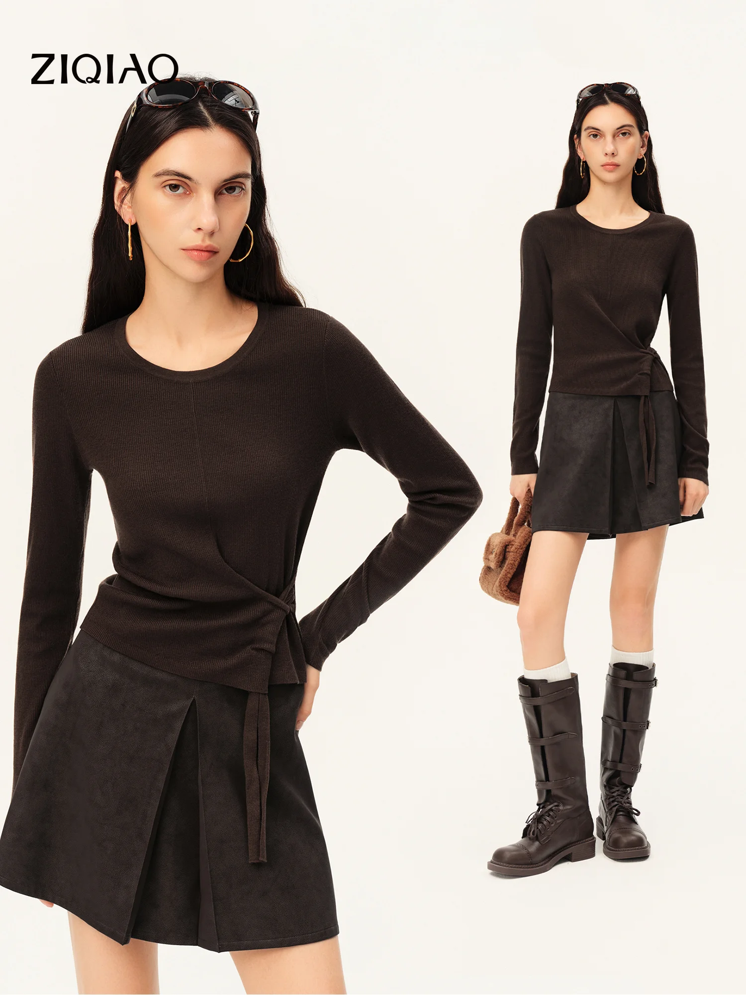 ZIQIAO Women 2026 Winter New Crew Neck Fitted Knit Sweater True‑to‑Shoulder Cut Stylish Tie Waist Design Fashion Top Pullover
