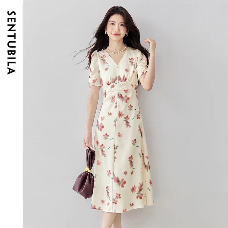 

SENTUBILA Women's Casual Dress Summer 2025 V-Neck Puff Sleeves High Waist Slim Print Midi Dresses Vacation Sweet Dress 152LF1730