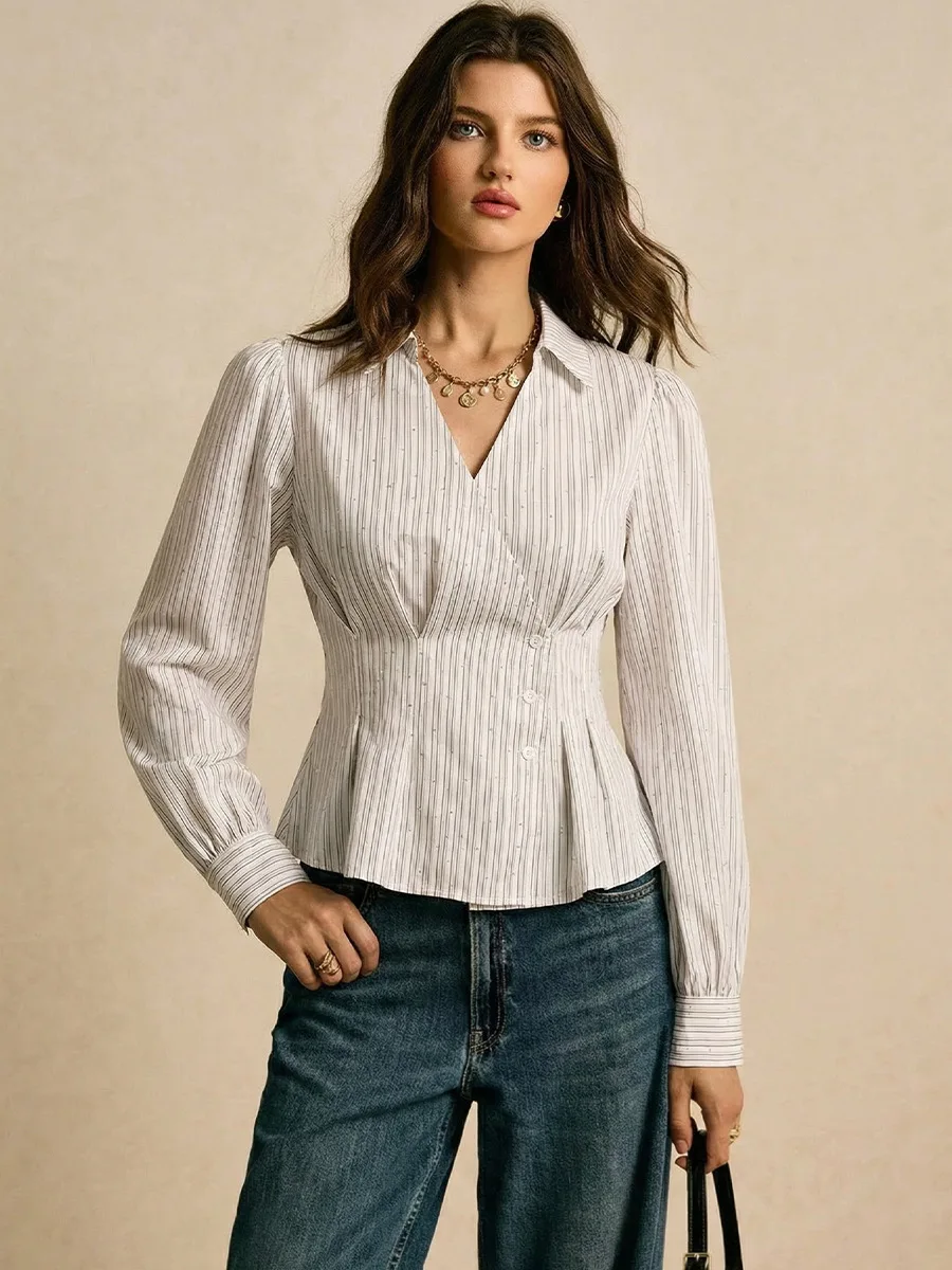 

Bonboho женская офисная рубашка с приталенной талией, легкая полоска, блузка с длинными рукавами и v-образным вырезом, футболка на пуговицах с рюшами