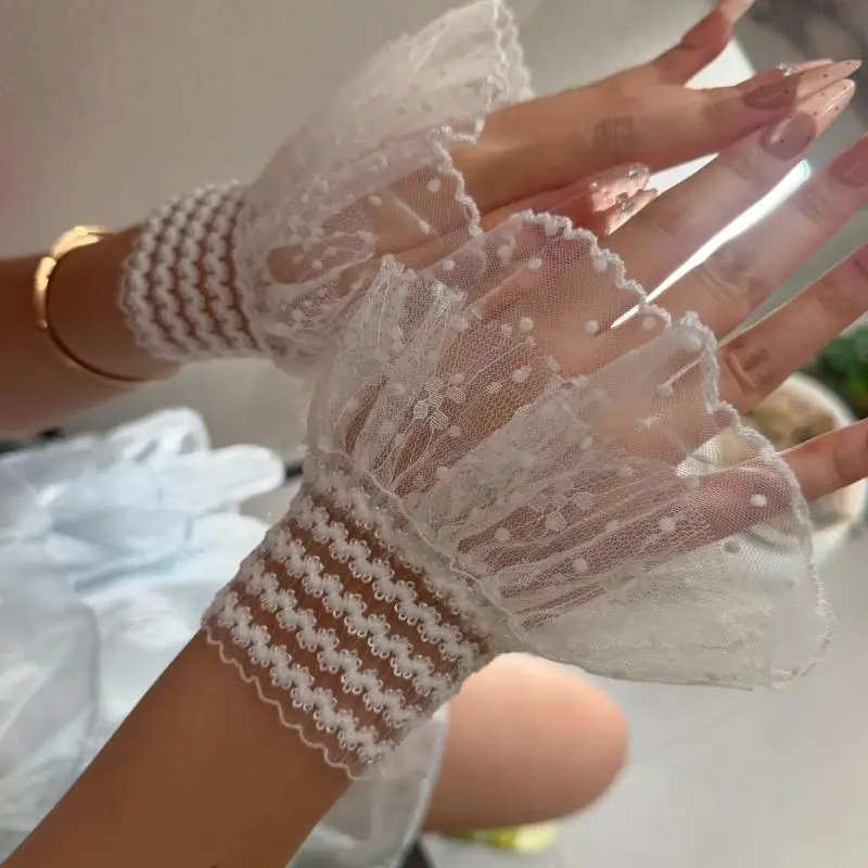 M68A Elastic Wrist Sleeves with Ruffled Dotted Texture, Decorative Faux Cuffs Sleeves for Women Nails Photoshoots, Styling and