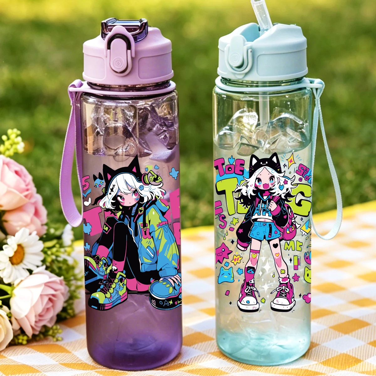 1 pieza de taza con pajita con estampado de dibujos animados de anime para niñas, 750 ml (26 fl oz), botella de agua de verano, sin BPA, taza deportiva portátil para exteriores, perfecta