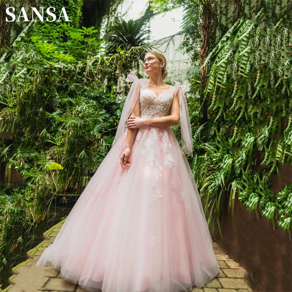 Sansa Pink Lace Embroidery Prom Dress Sweetheart Mesh Straps A-line Vestidos De Noche Elegant Sleeveless Wedding Dresses 2024