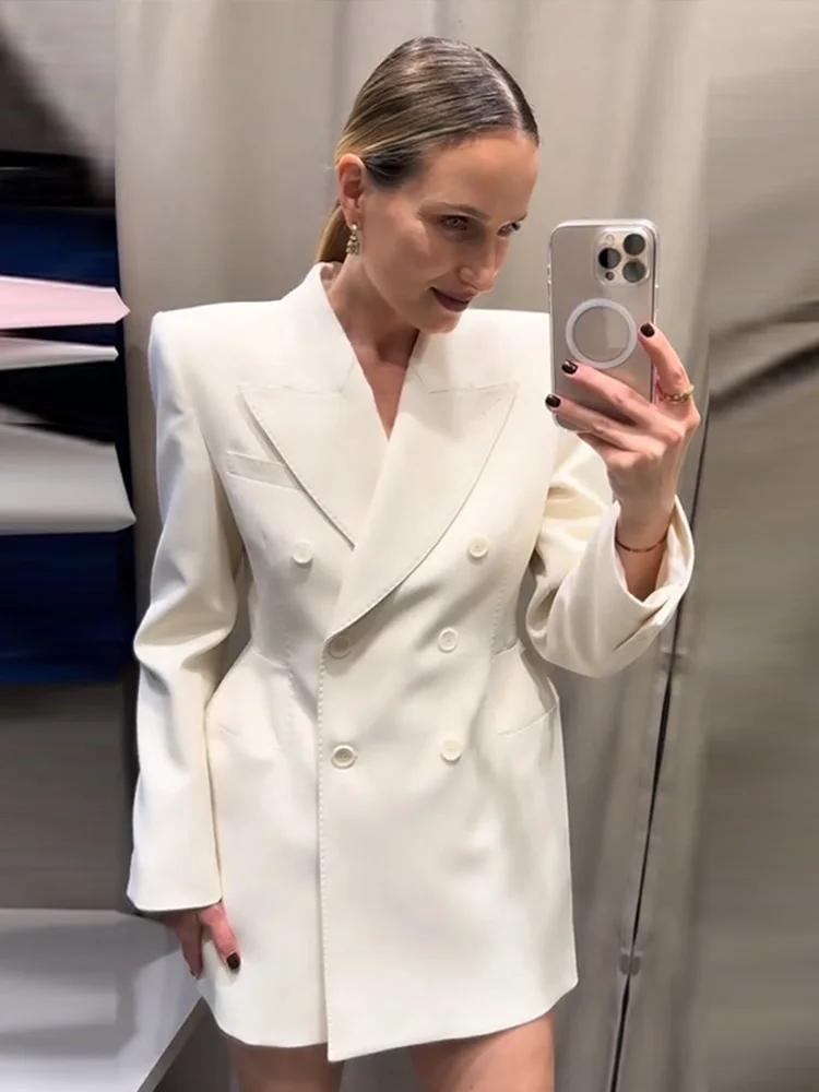 

Elegant Double Breasted Blazer Coat Women Slim Lapel Shoulder Pads Long Sleeve Jacket 2025 Autumn Office Lady Commute Outerwears