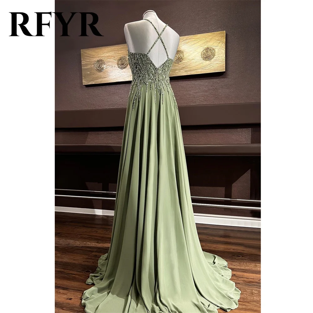 RFYR-Vestidos de renda com lantejoulas e bordados, V-Neck Prom Dress, Cruz frisada para trás, Chiffon Party Dress, Beach Party Dress, Long