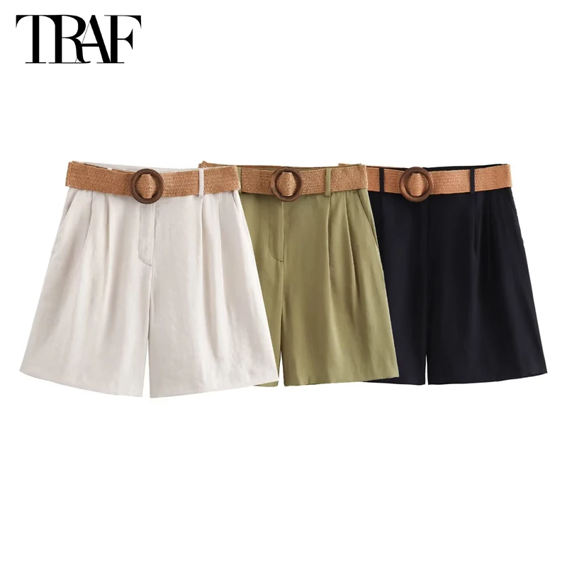 

TRAF Pleated Bermuda Shorts Woman High Waist Mini Shorts Women 2024 Summer Casual Female Shorts Belt Holiday Shorts for Women