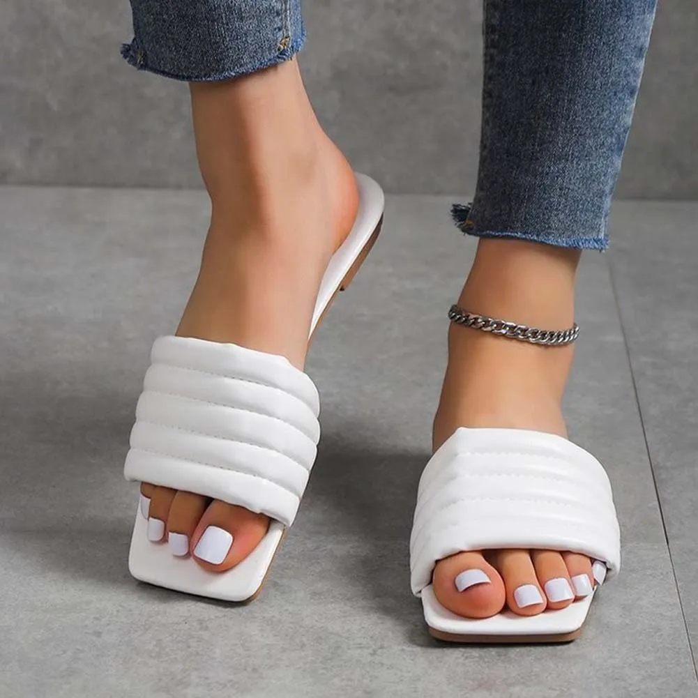 One-Word Flat Sandals With Squared Toe Wear-Resistance Non-Slip Shoes For Party Daily Work Summer New Flat Bottom Slippers