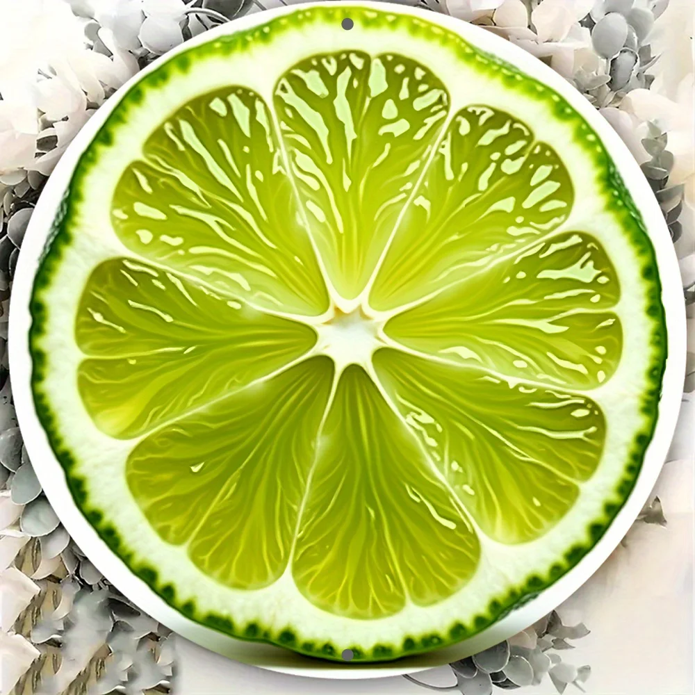 2D Flat - A Single Piece of 2D Flat Metal Sign Featuring a Slice of Lime Against a White Backdrop. This 8-Inch Round Wreath Sign