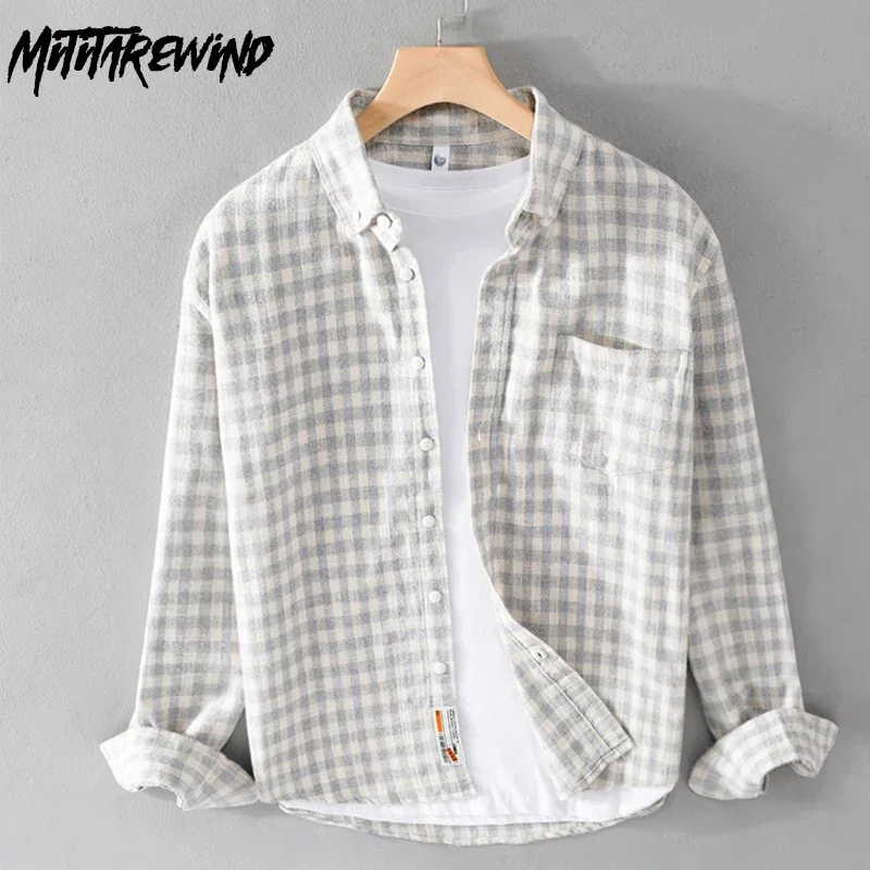 

Японская винтажная клетчатая рубашка, мужская весенне-осенняя повседневная рубашка с длинным рукавом, мужская рубашка из чистого хлопка с начесом, повседневная простая рубашка Ropa De Hombre