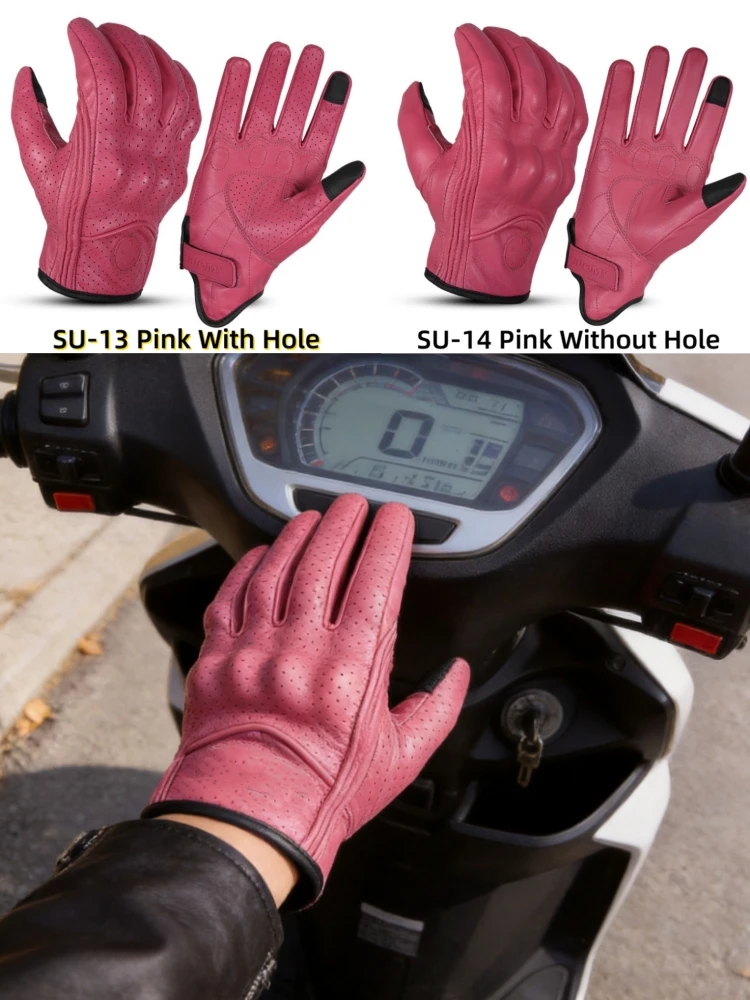 Leather Full Finger Motorcycle Gloves Breathable Touchscreen Retro Motocross Riding Gear Men Women Yellow/Pink/Black/Brown
