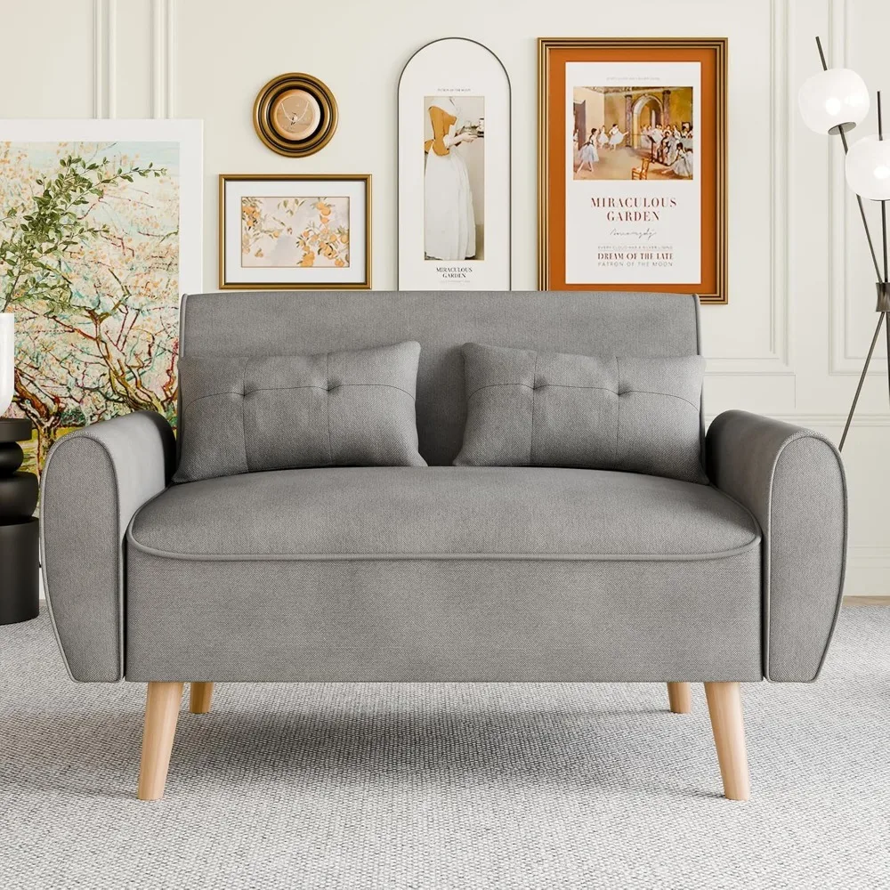 โซฟา Loveseat ขนาดเล็กที่ทันสมัย, โซฟาผ้าลินินกลางศตวรรษ 2 ที่นั่งโซฟาเบาะรักกระจุกพร้อมเบาะรองนั่งด้านหลัง