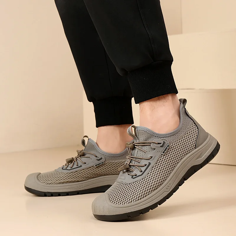 Men's Non-slip Mesh Walking Shoes Gray Elastic Lace-up Hiking Sneakers Breathable Toe Cap Outdoor Footwear for Trekking Camping