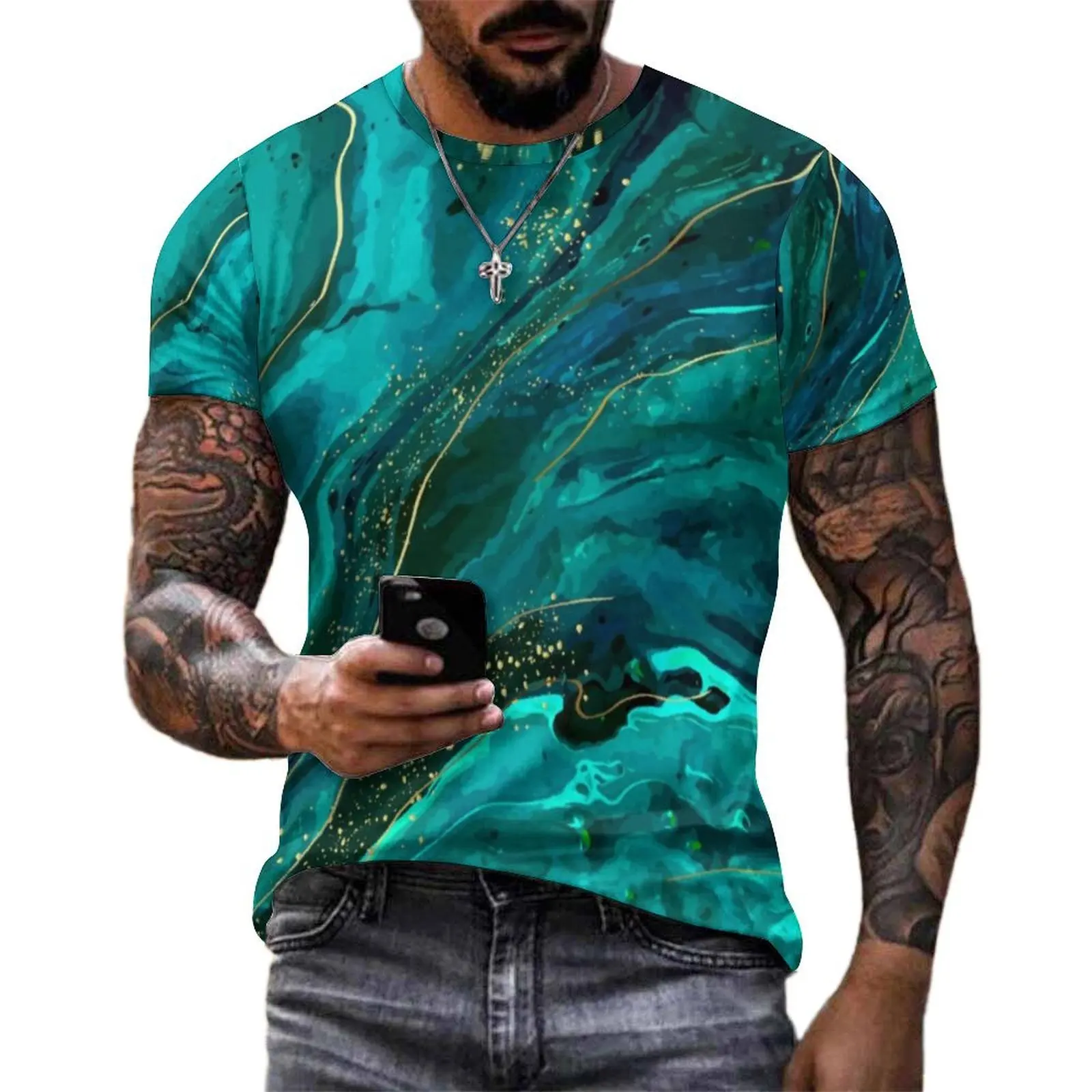 Oversize T-Shirt Original Green Marble Gold Retro Print T-Shirts  Y2K Fun O Neck Tshirt Men Fashion Custom Tees