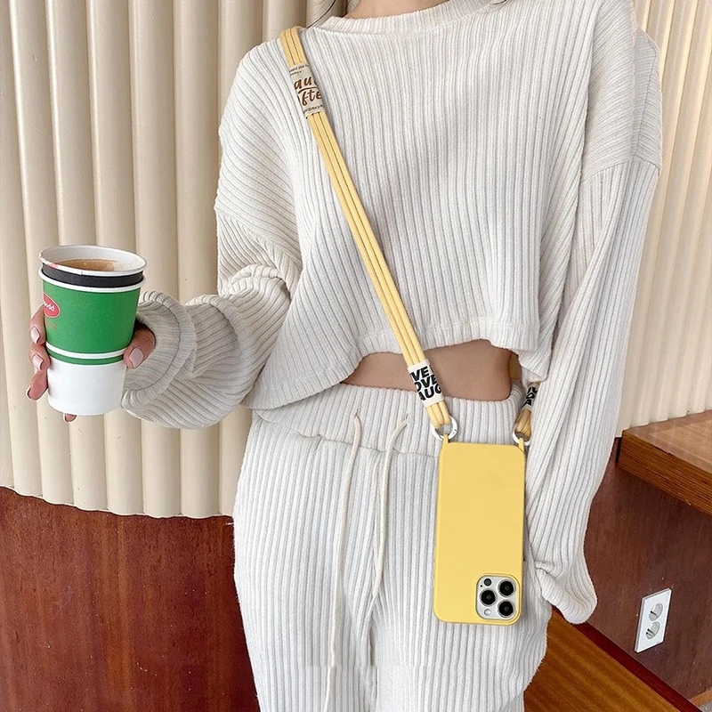 간단한 크로스 바디 목걸이 스트랩 코드 끈 소프트 실리콘 케이스, 아이폰 14 13 12 11 프로 맥스 미니 XS XR X 8 7 플러스 SE2022 커버