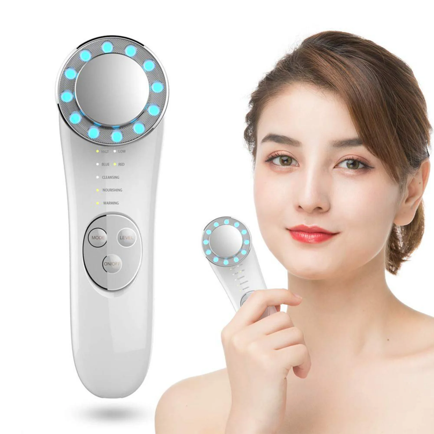 

7-in-1 Facial Massager & High Frequency Machine for Effective Face Cleansing, Cream Absorption, and Skin Firming - LED Blue & Re