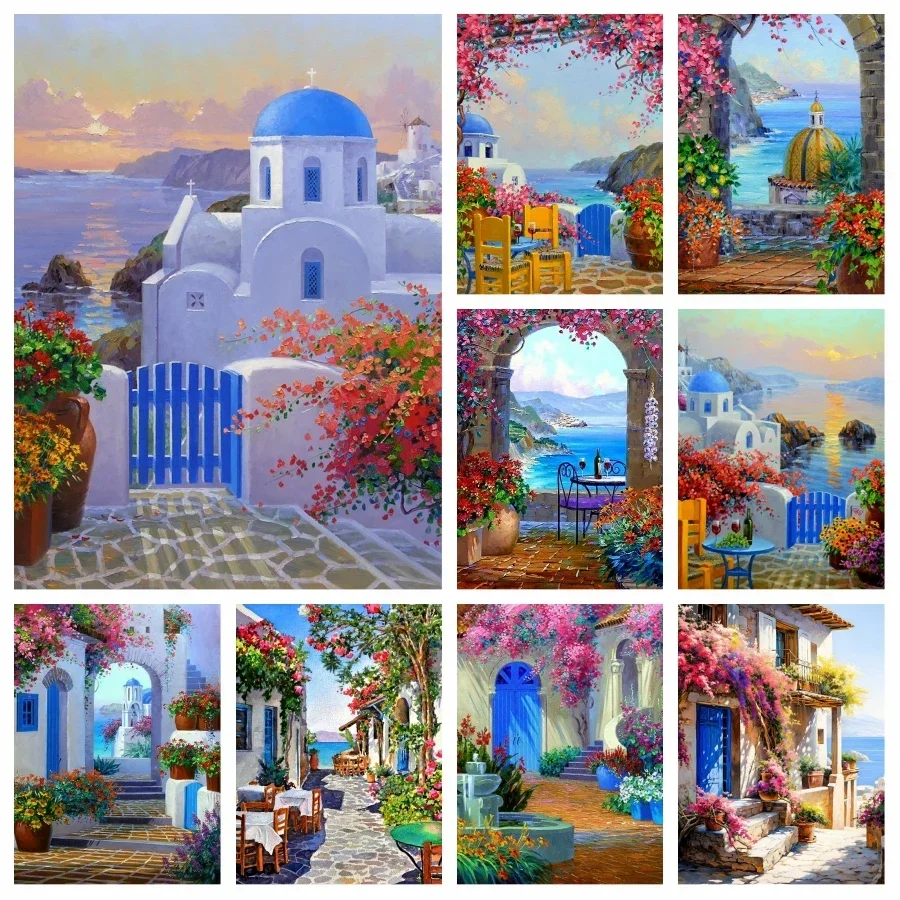 Grecia isola di barcellona paesaggio pittura diamante arte bellissimo paesaggio di fiori di mare blu pieno punto croce mosaico decorazioni per la