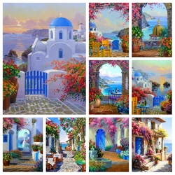 Greece Santorini Island Landscape Diamond Painting Art Beautiful Blue Seaside Flower Scenery Full Cross Stitch Mosaic Home Decor