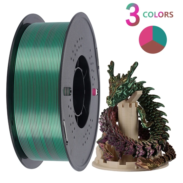 KINGROON Zijde PLA-filament 1,75 mm 1 kg, driekleurige tweekleurige 3D-printerfilament Glanzend verbruiksartikelen 2,2 lbs spoel, voor FDM 3D-printer