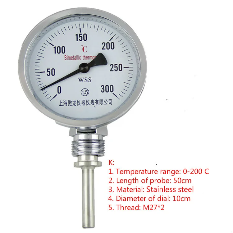 

Bimetal thermometer, wss-411 stainless steel industrial thermometer, boiler disc thermometer, radial.