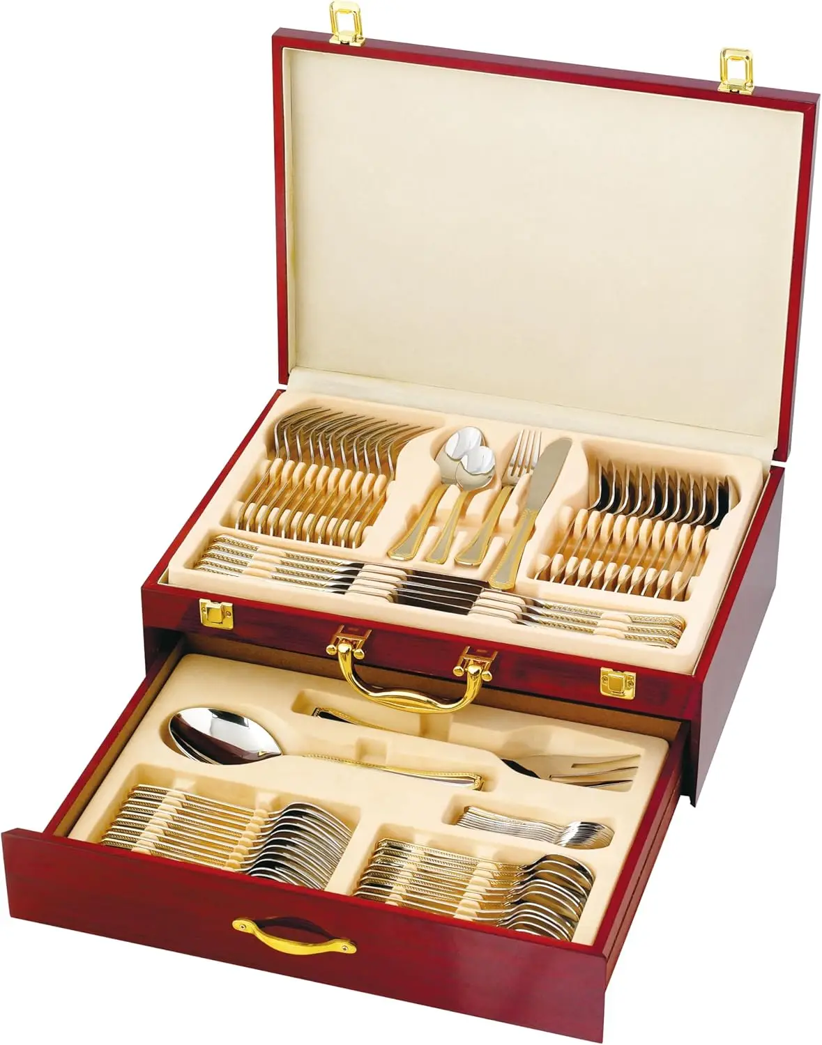 75-Pc Luxury Gold Flatware Set for 12 w/Wooden Storage Case 24 kt Plated Premium Dining Cutlery Service 18/10 Surgical Stainless