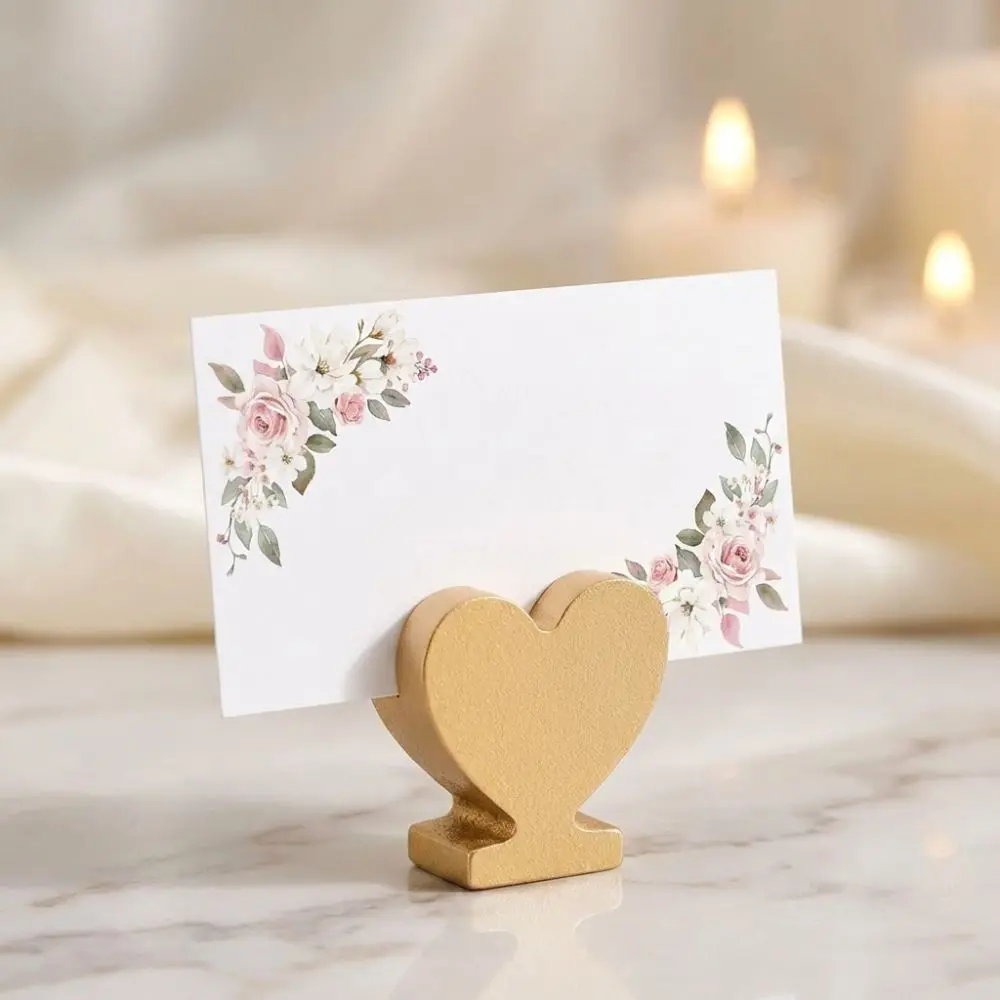 

12PCS Star Heart Shaped Table Number Cards Stands Gold Wooden Name Card Clips Smooth Surface Desktop Message Holder
