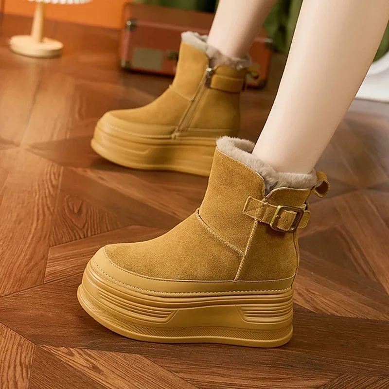 

Women's winter high rise snow boots with thick cotton sole and plush thick cotton boots, fashionable side zipper women's boots