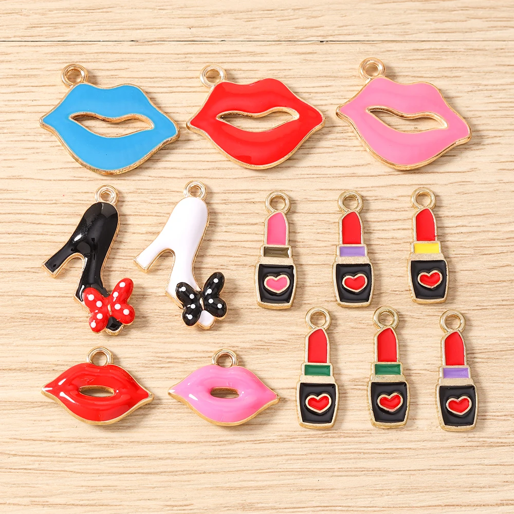 Tusember 10 Stück niedliche High-Heels-Anhänger mit roten Lippen und Lippenstiften für die Schmuckherstellung, Halskette, Ohrringe, Armband, DIY, handgefertigtes Kunsthandwerk – Detail 4