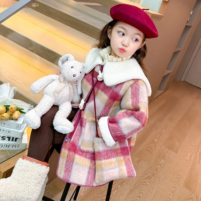 Girls Plaid Wool Coat Children 2024 New Autumn Winter Fashion Simple Casual Warm Coat Korean Sweet Style Top Clothes Coat