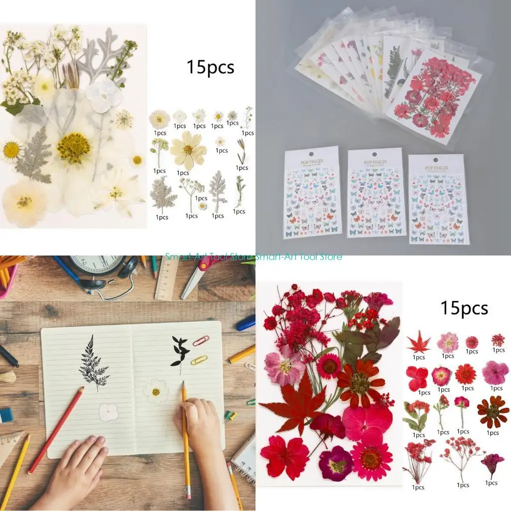 

E1pb высушенные цветочные принадлежности с наклейками с бабочками для искусства смолы и украшения журнала