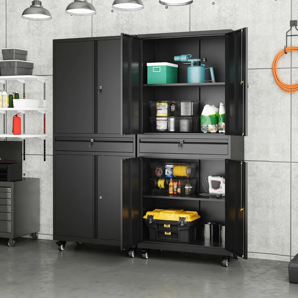 Metal Garage Storage Cabinet with Locking Doors and Adjustable Shelves, Rolling Tool Storage Cabinet with 4 Wheels and 1 Drawer