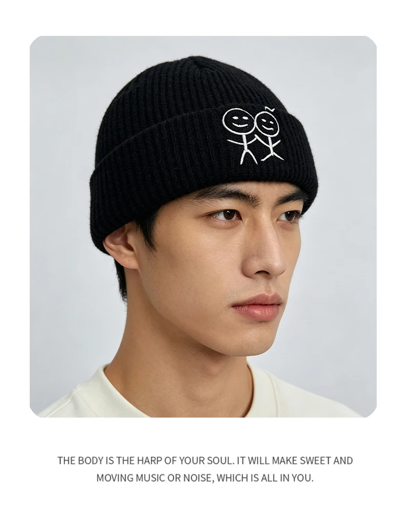 Neue gestickte Strickmützen mit Cartoon-Stickfiguren für Damen und Herren, warm, persönlich, vielseitig, koreanische Beanies, Nischemode, Outdoor, schlicht – Detail 6