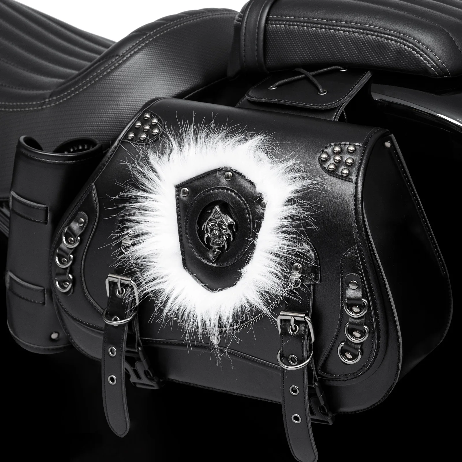 Badge Rivet Motorcycle Side Bag, Punk Double-Clasp Saddle Bag, Waterproof and Durable Storage Pouch