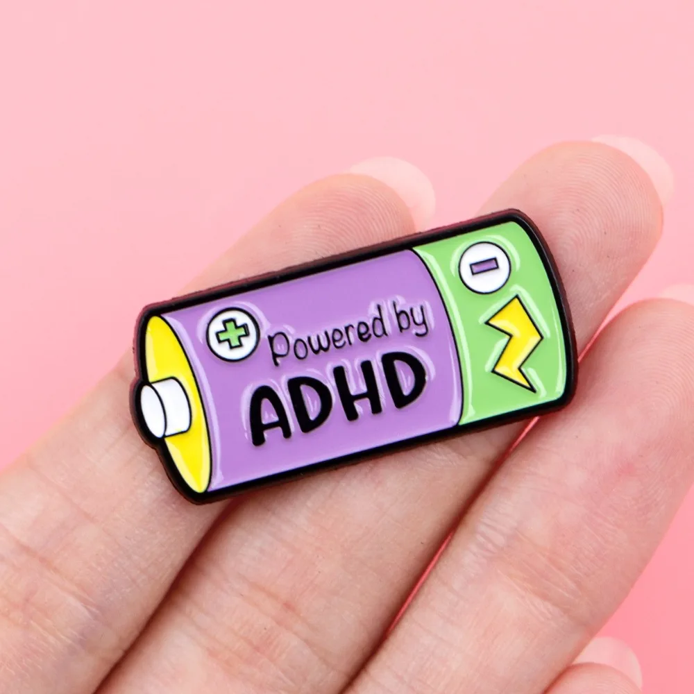 Powered By ADHD Battery Shape Enamel Pin Funny Quote Lapel Pins Brooch Badge for Backpack Jacket Hat Decorative Jewelry Gift