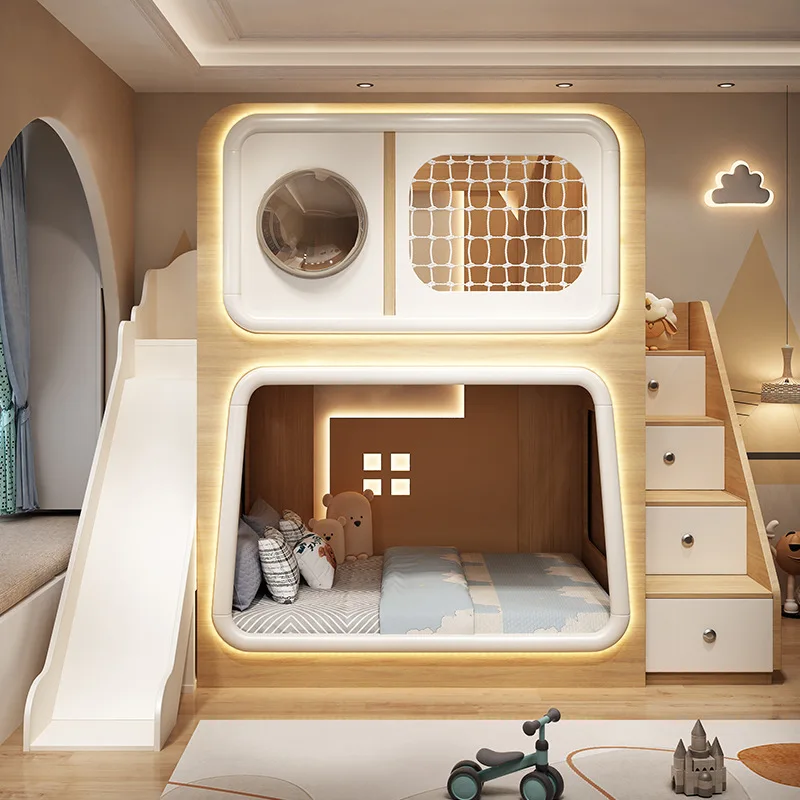 Space capsule children's bed upper and lower beds High guardrail siblings High and low mother and child S-shaped bunk