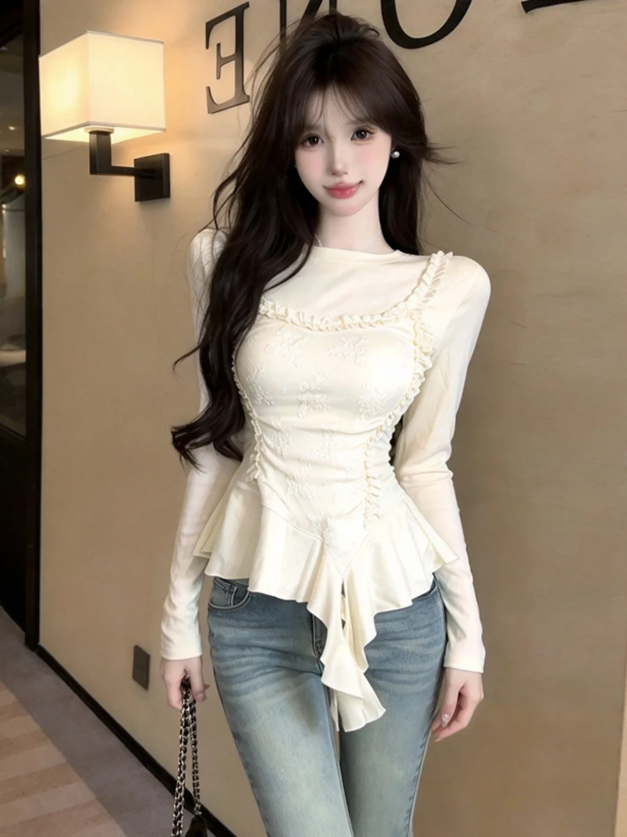 Sweet Korean Style Long Sleeve T-Shirt round Neck Embroidered Slim Fit High Waist Irregular Design Girl's Casual Top