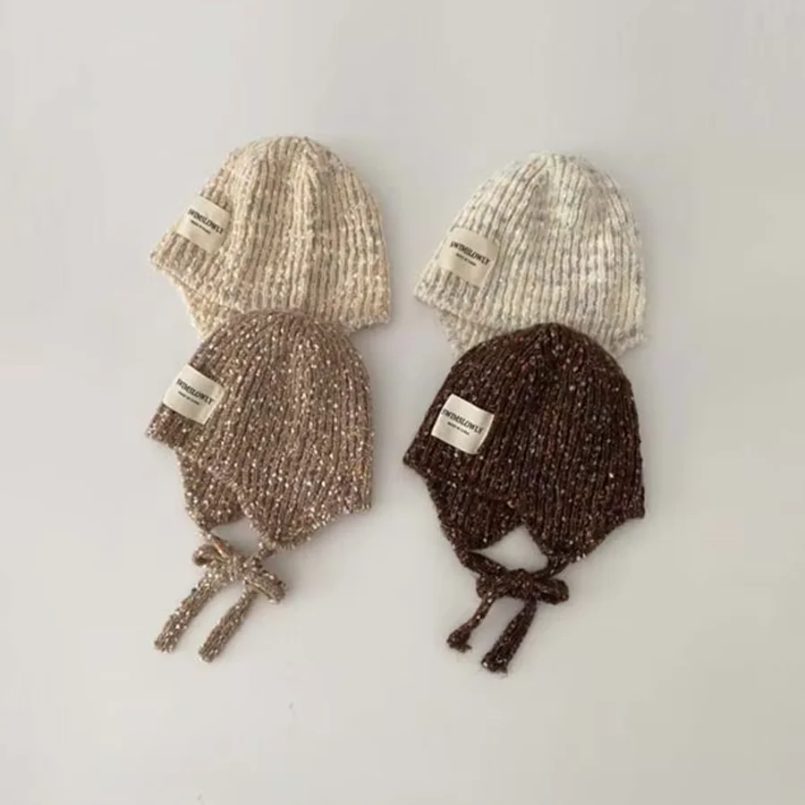 

Autumn Winter Warm Kids Color Clash Knitted Hat With Ties Windproof Ear Protection Sweet Santa Hat For Girls Boys Skull Hat