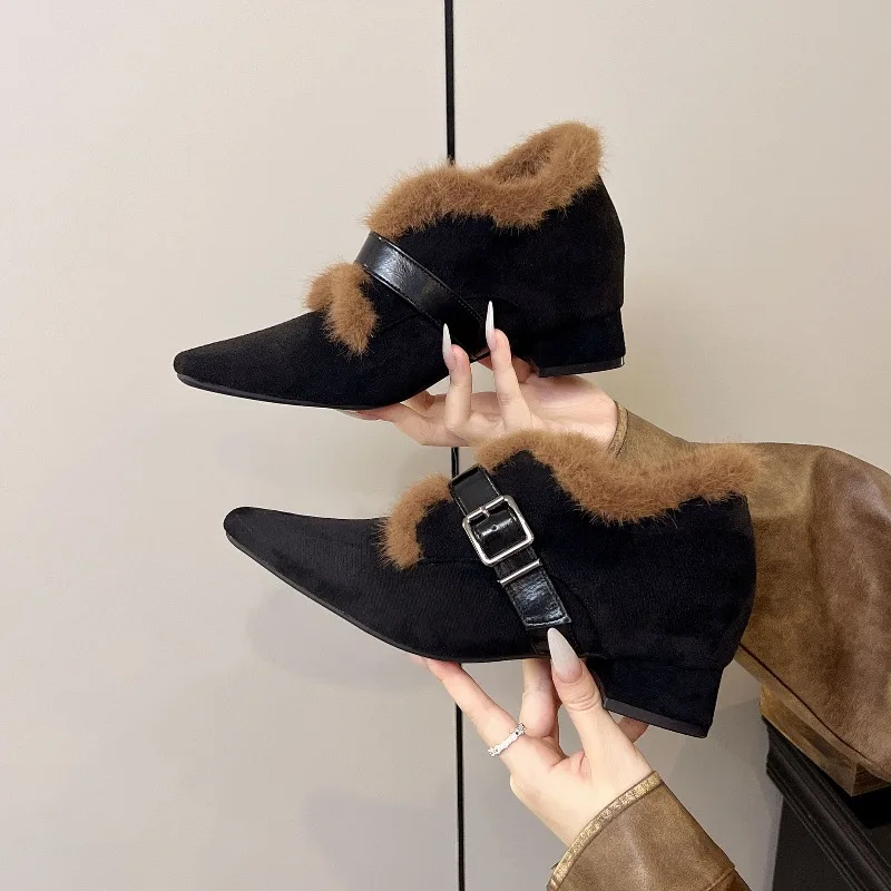 

Меховые женские ботинки с острым носком, обувь на высоком каблуке, зимние короткие плюшевые зимние ботинки, сексуальные туфли-лодочки с пряжкой, массивная обувь, новые ботинки на высоком каблуке