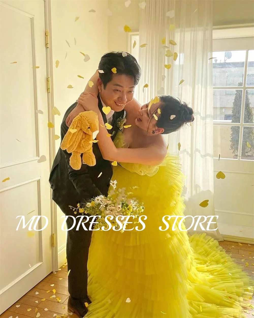 MD A-line Fairy Yellow Wedding Dresses Tulle Strapless Ruffles  Bride Gowns Korea Tiered Pleat Photo shoot Customized 2025 웨딩드레스
