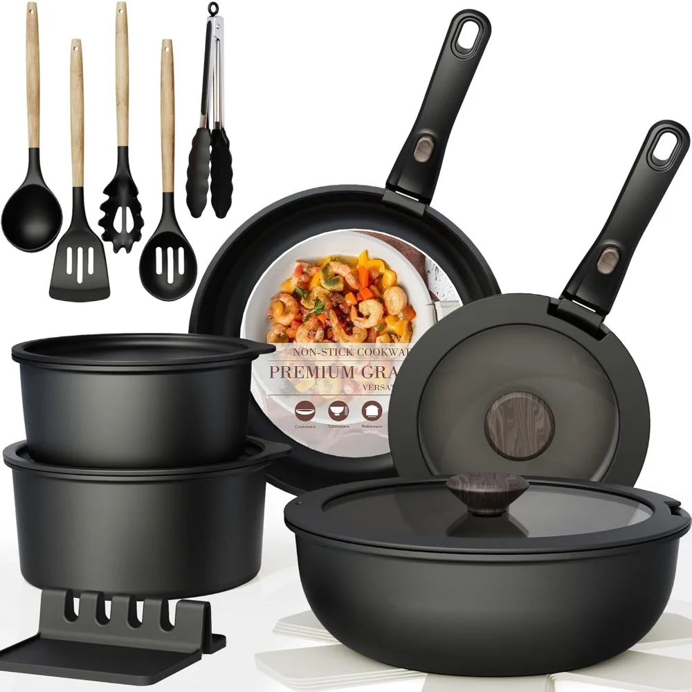 

Non-Stick Ceramic Cookware Set with Removable Handle, Oven & Induction Safe, Stackable, Black, 21 Pieces