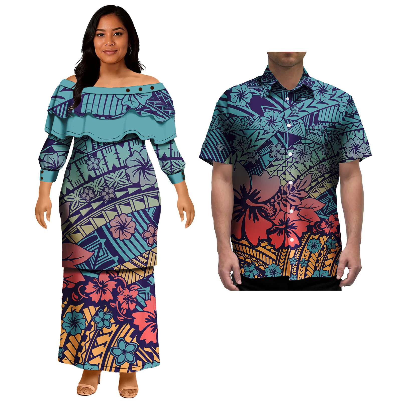 

Polynesian Puletasi Ruffles Dresses Women Lady Elegant Sexy Casual Dress and Men Shirt Sets Couple Matching Clothing
